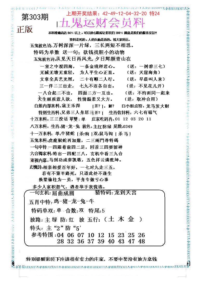 2024303期五鬼运财会员料