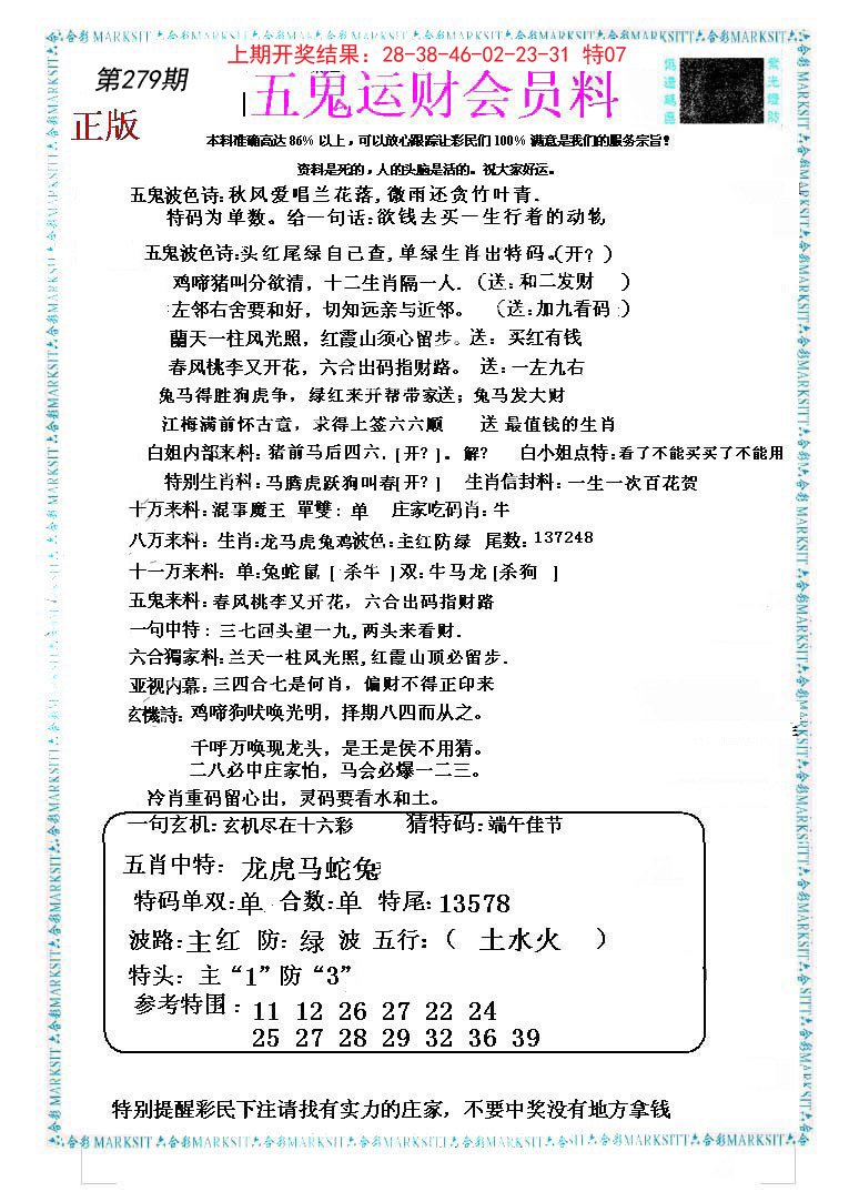 2024279期五鬼运财会员料