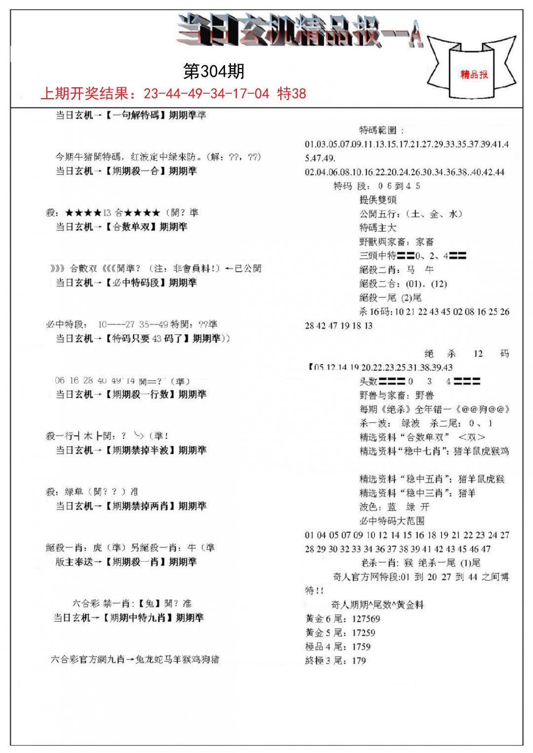 2024304期当日玄机精品报A