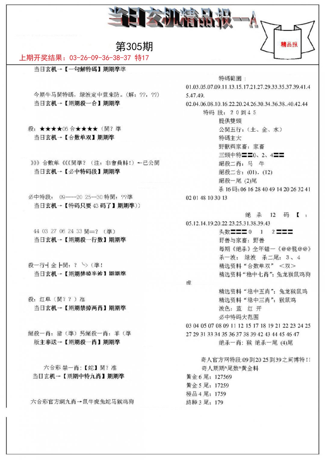2024305期当日玄机精品报A