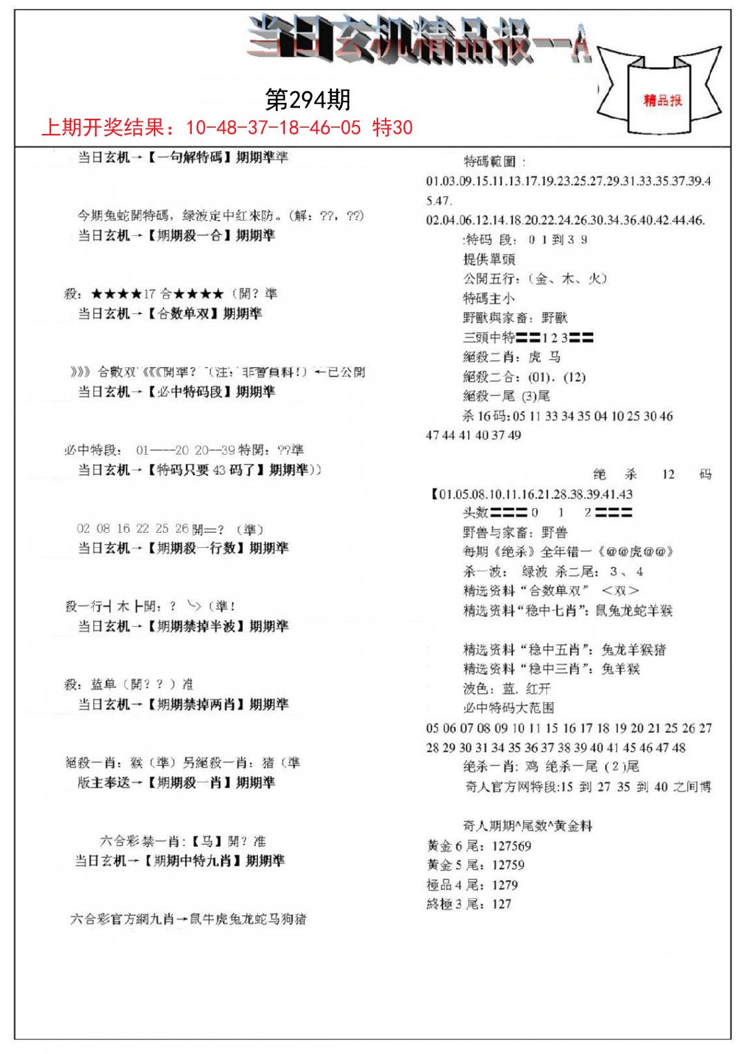 2024294期当日玄机精品报A