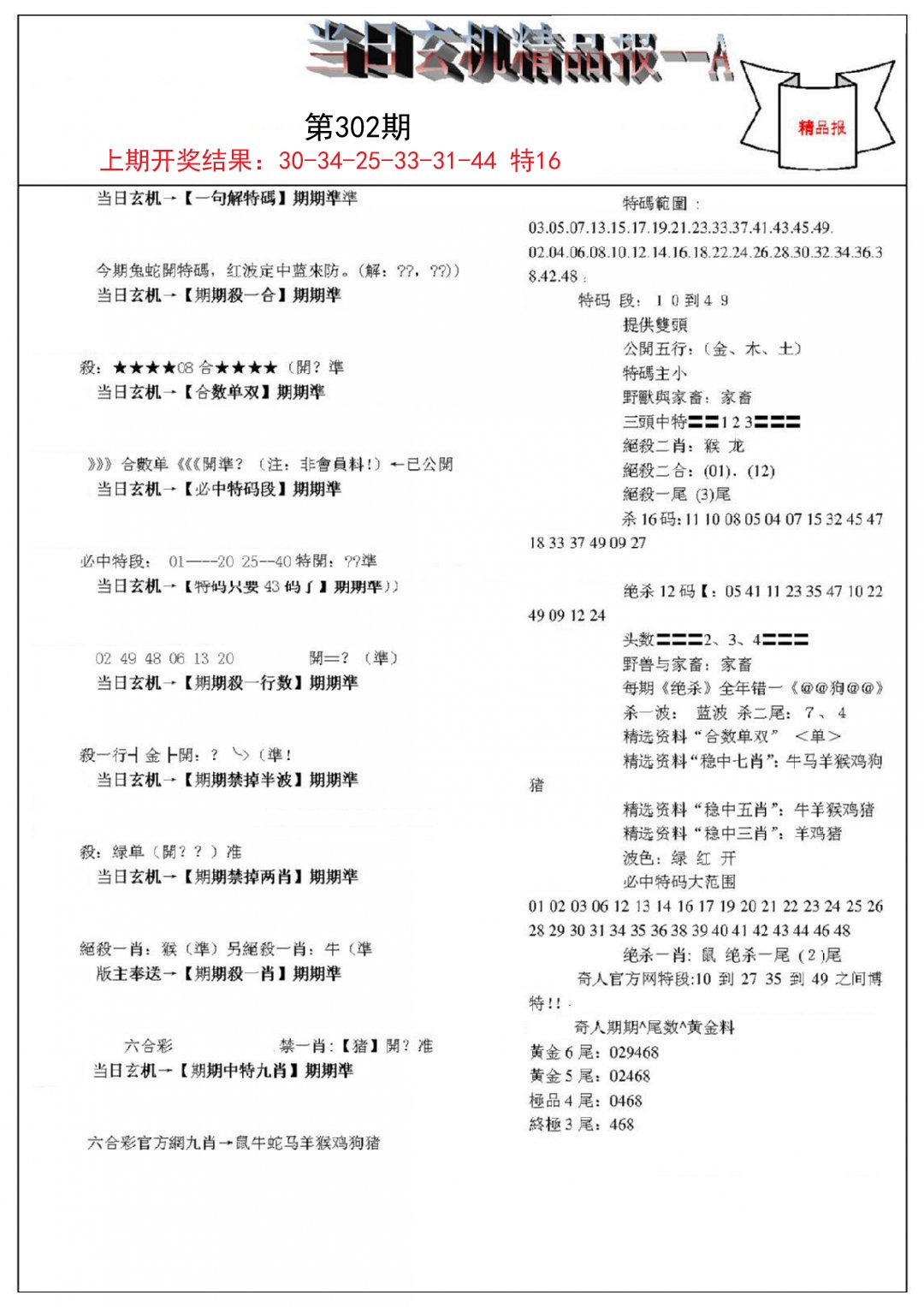 2024302期当日玄机精品报A