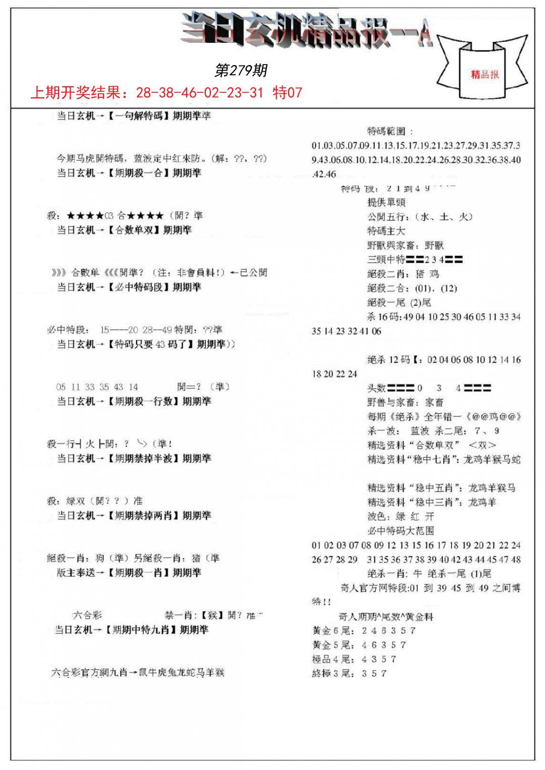 2024279期当日玄机精品报A