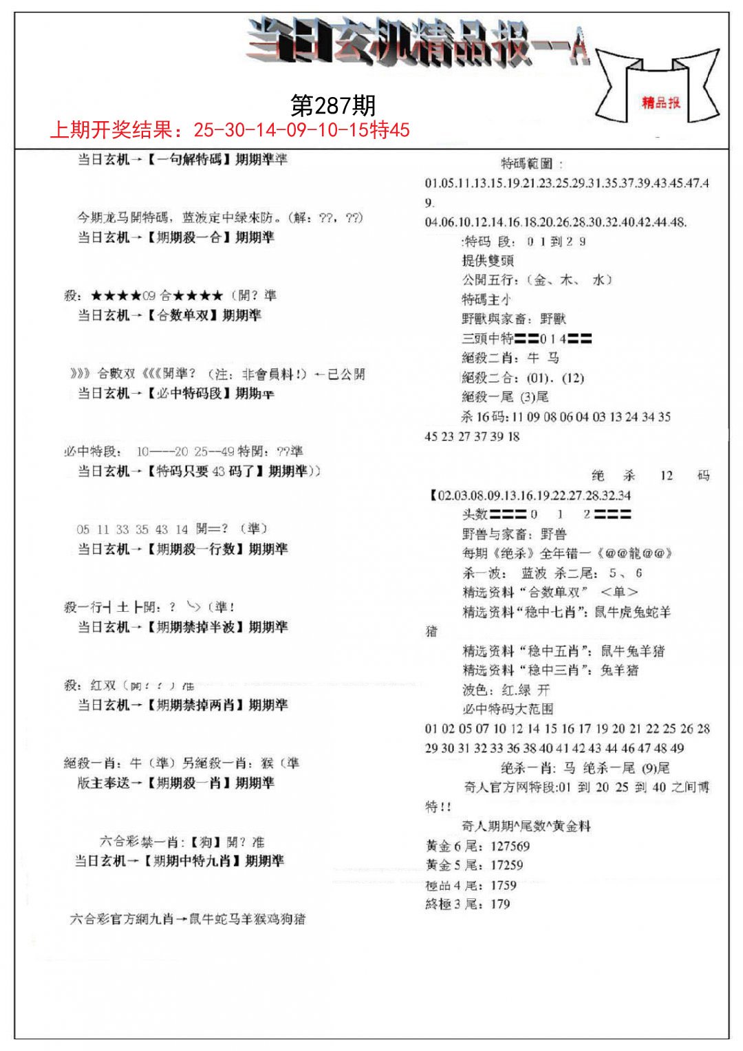 2024287期当日玄机精品报A