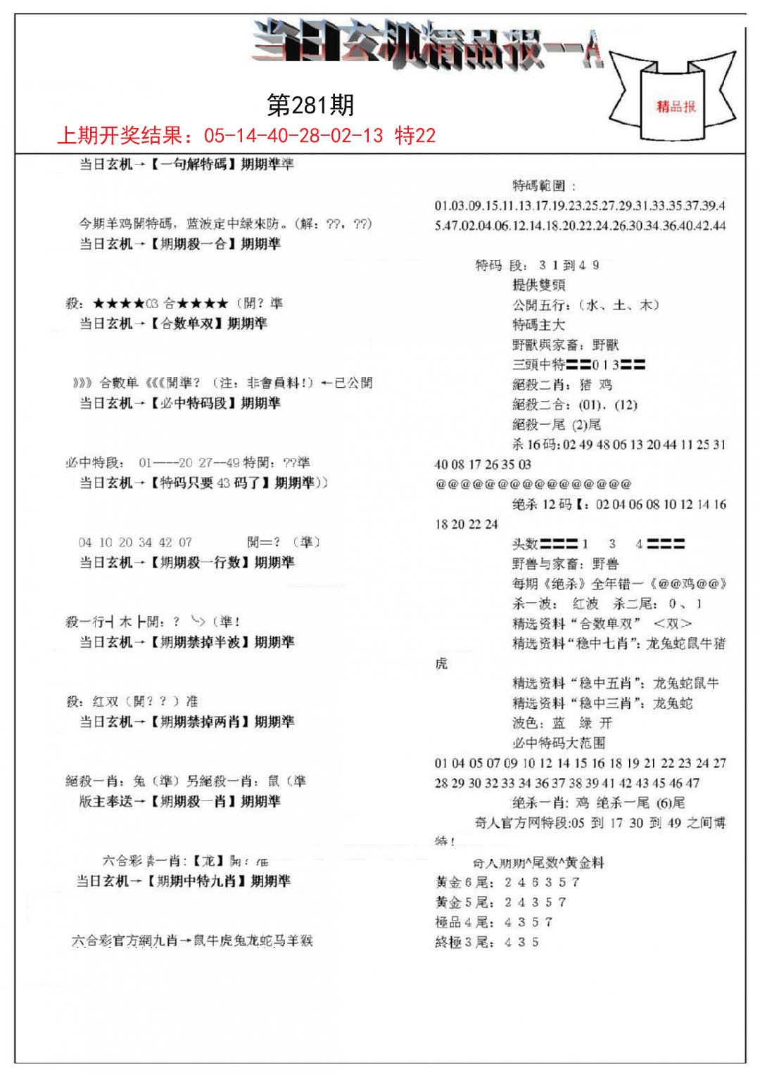 2024281期当日玄机精品报A