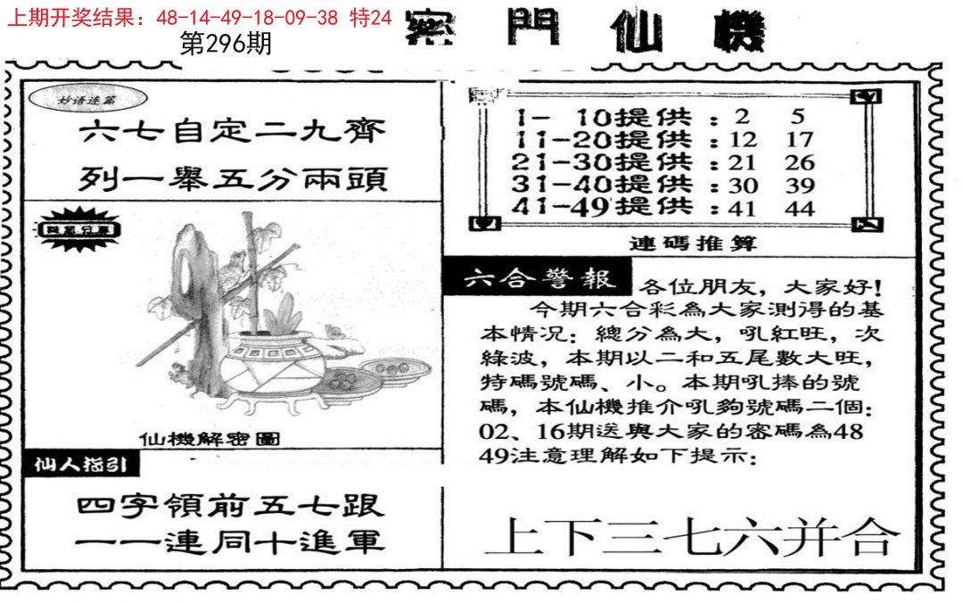 2024296期新密门仙机