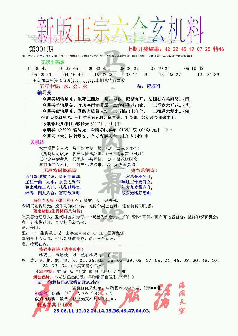 2024301期正宗六合玄机料