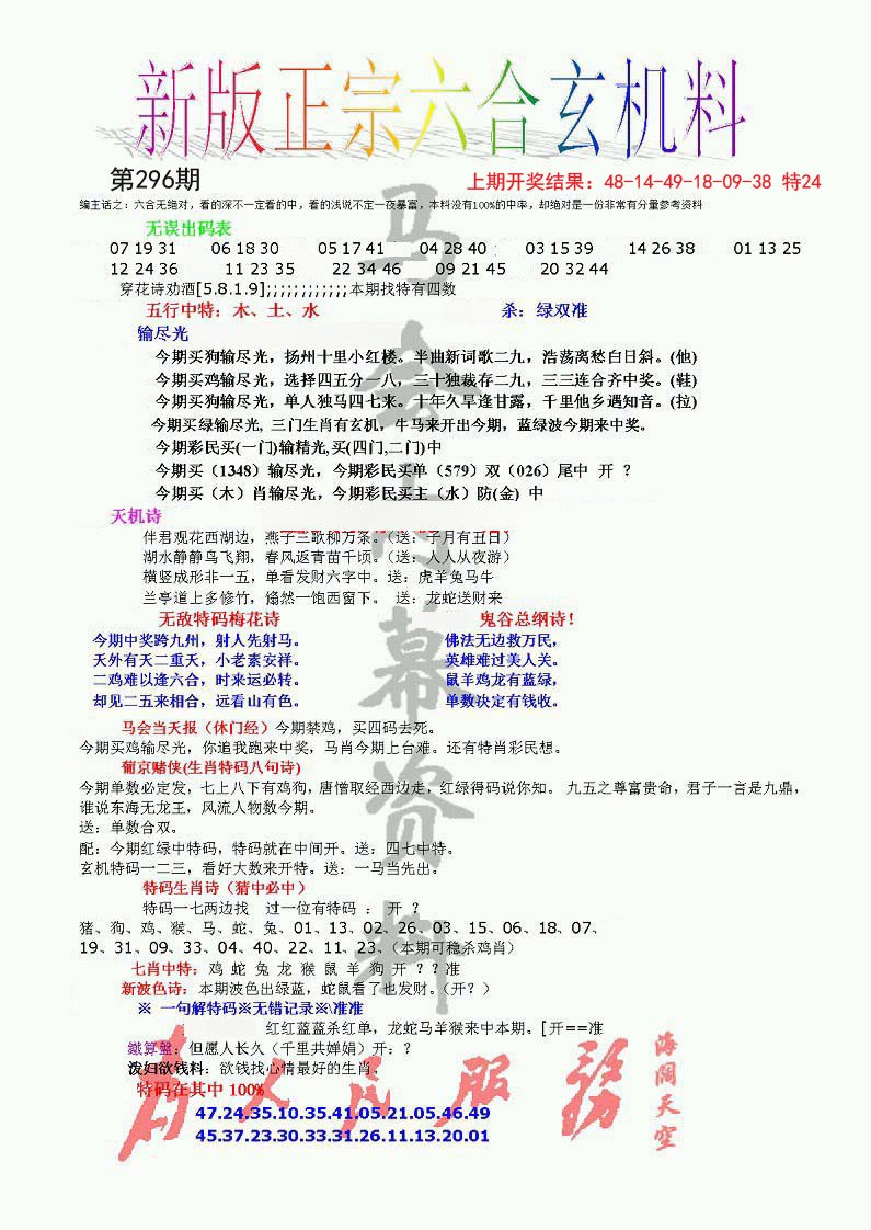2024296期正宗六合玄机料