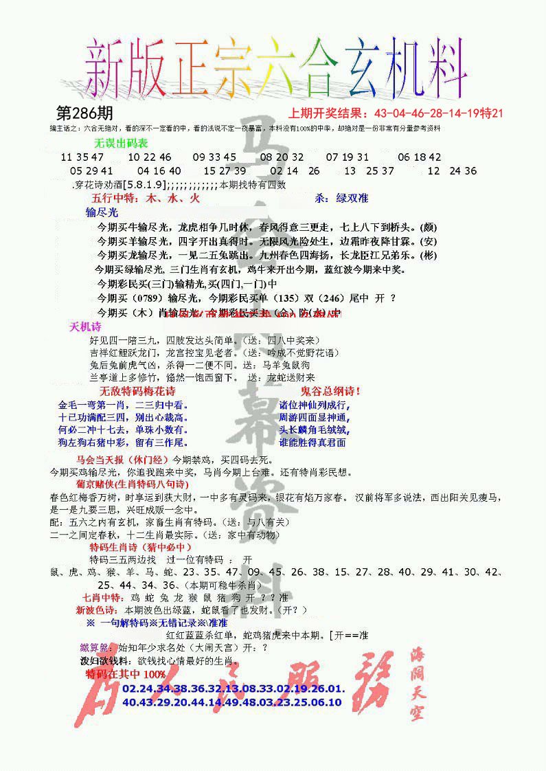 2024286期正宗六合玄机料