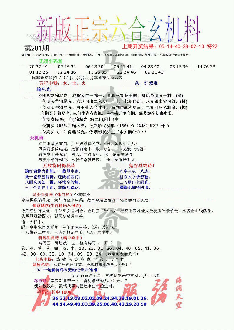 2024281期正宗六合玄机料