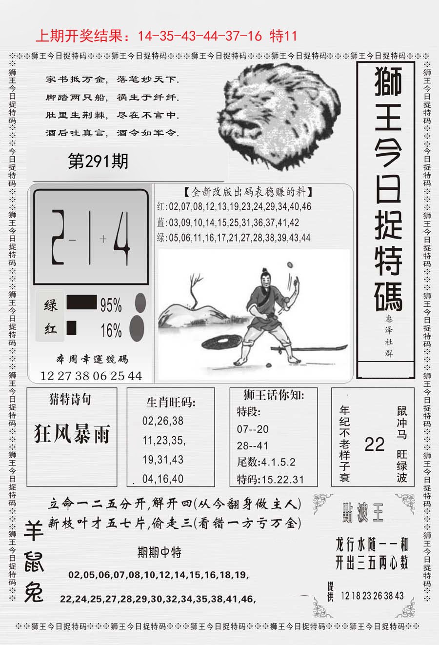 2024291期狮王今日抓特码