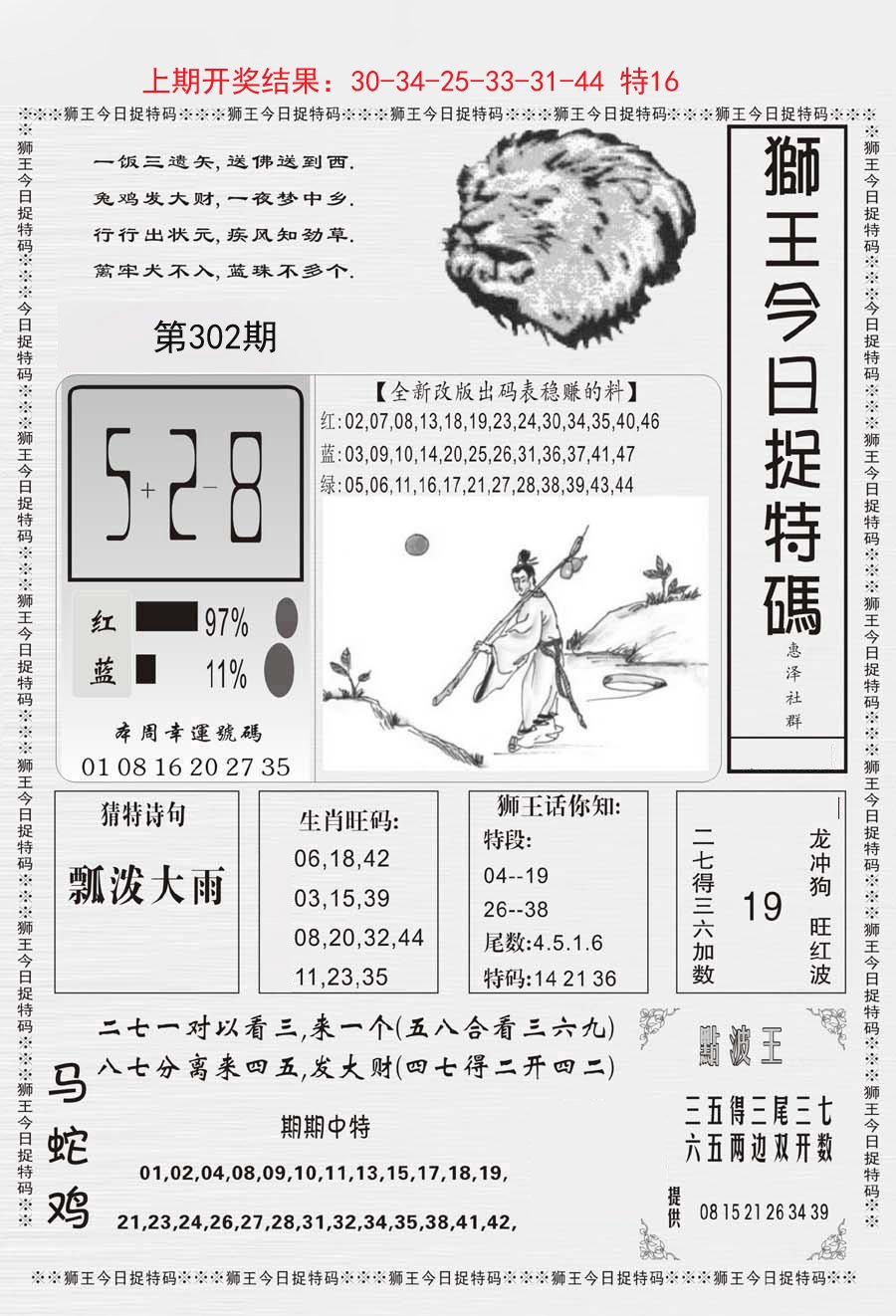 2024302期狮王今日抓特码