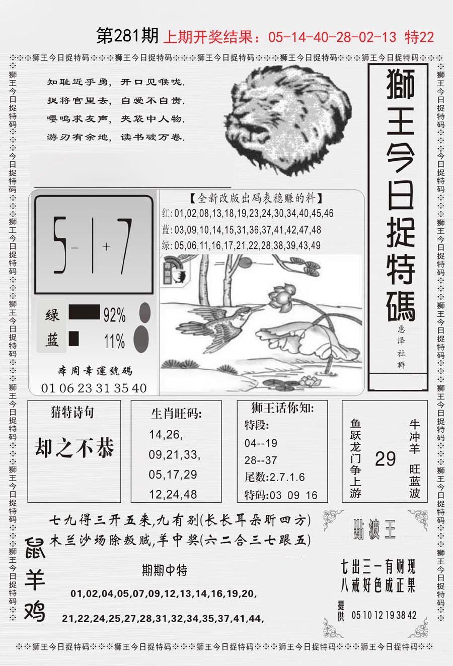 2024281期狮王今日抓特码