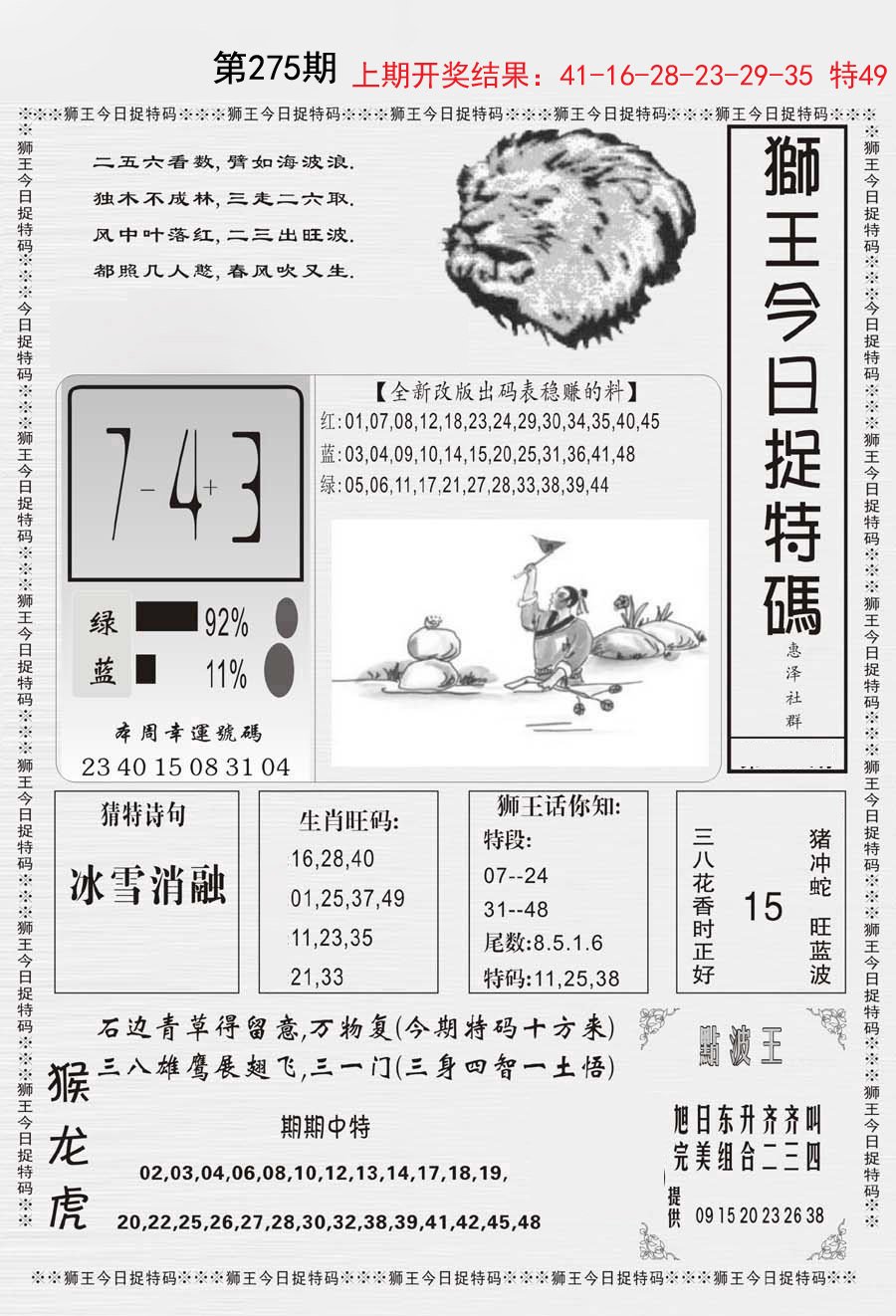 2024275期狮王今日抓特码