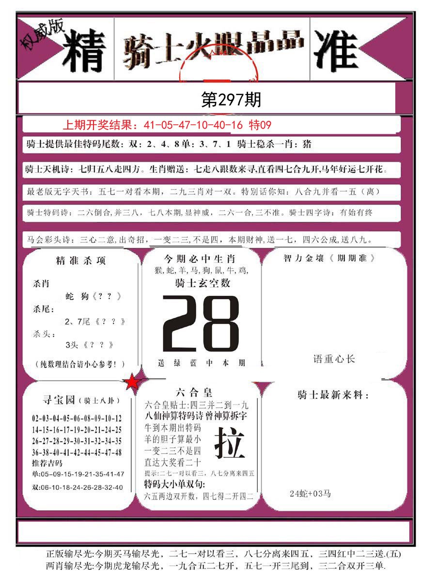 2024297期骑士火眼晶晶B