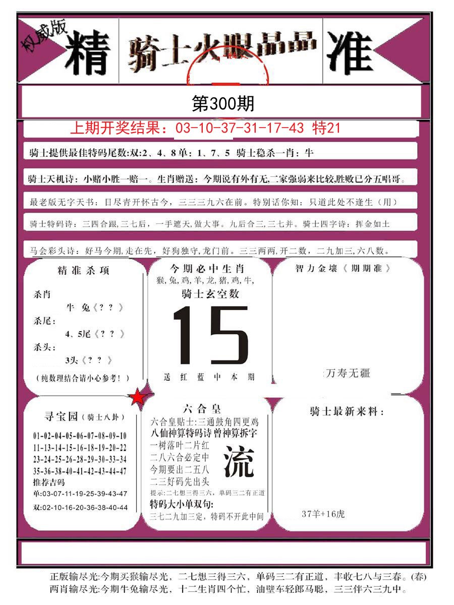 2024300期骑士火眼晶晶B