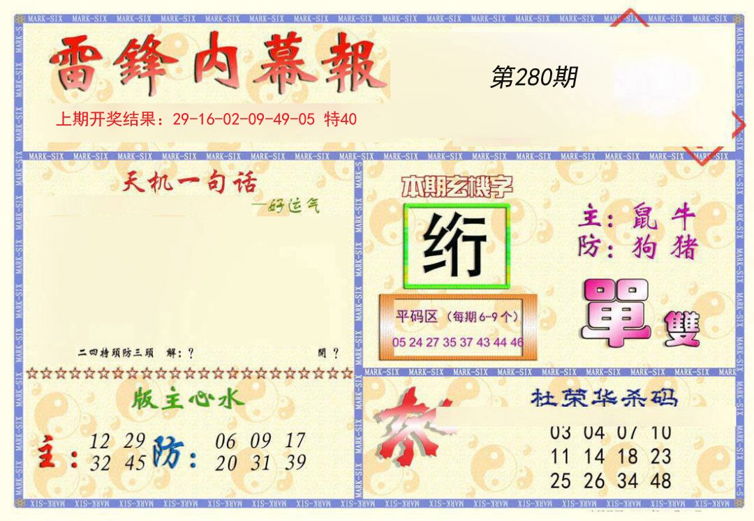 2024280期雷锋内幕报