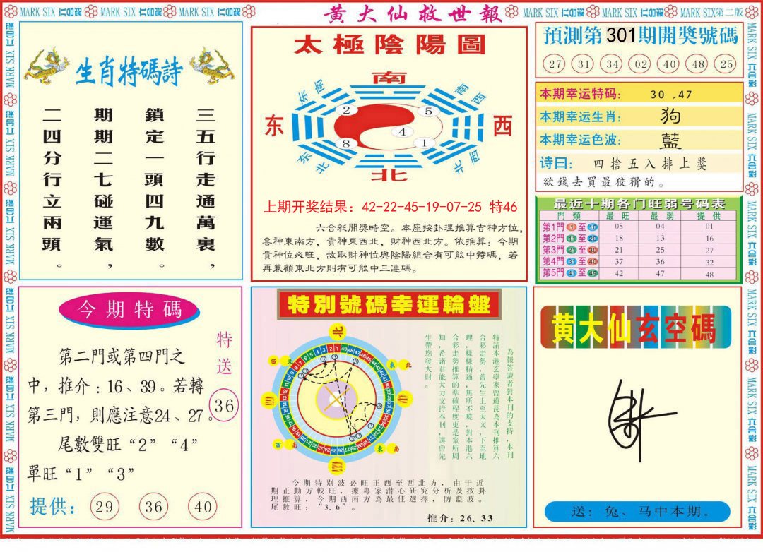 2024301期新黄大仙救世B