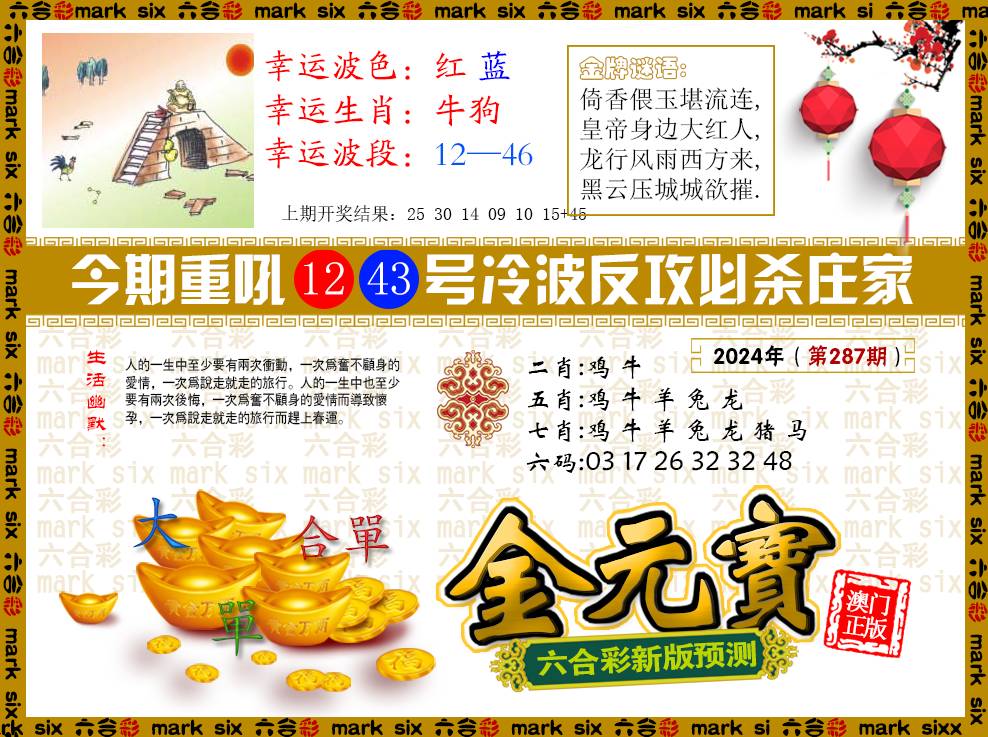 2024287期金元宝