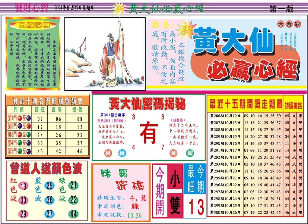 2024301期黄大仙必赢心经A