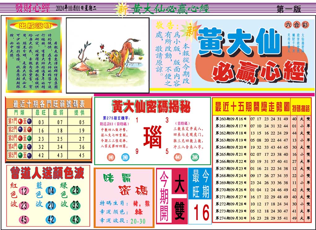 2024275期黄大仙必赢心经A