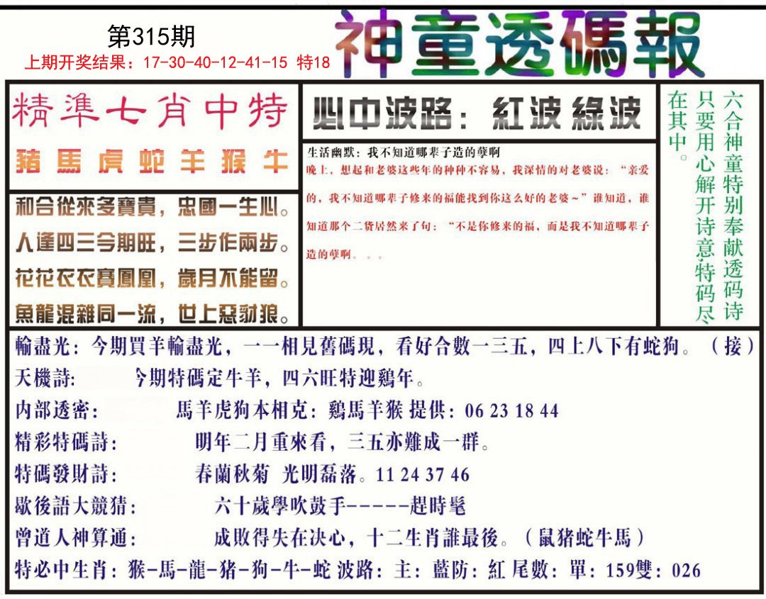 2024315期神童透码报