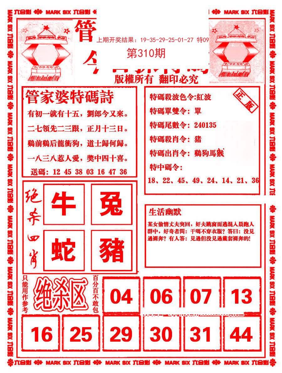 2024310期管家婆抓特码B