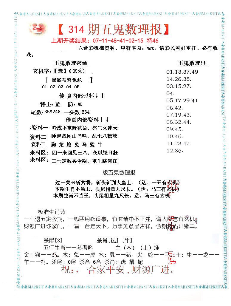 2024314期五鬼数理报