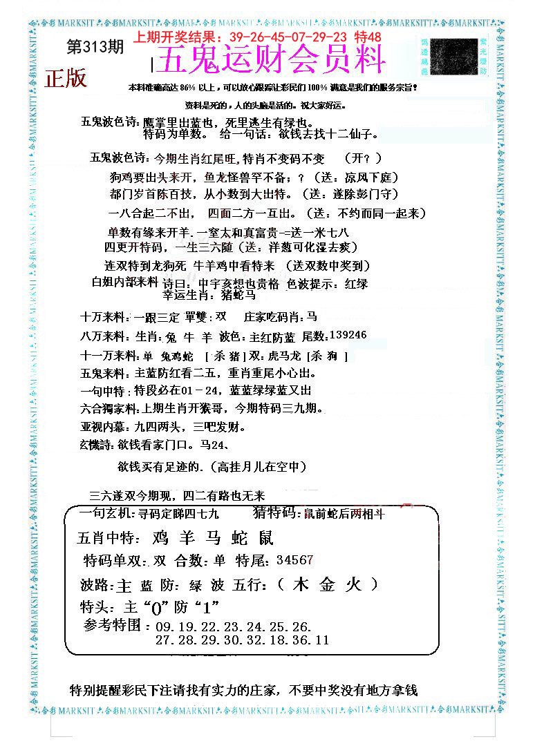 2024313期五鬼运财会员料