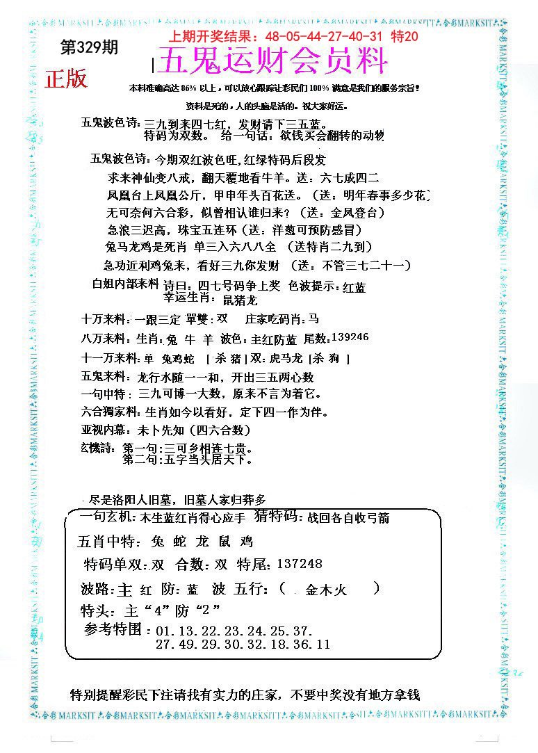 2024329期五鬼运财会员料