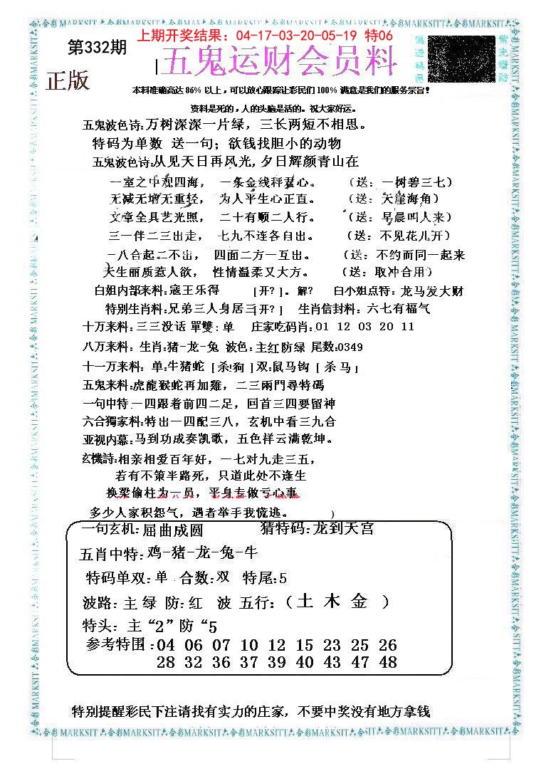 2024332期五鬼运财会员料