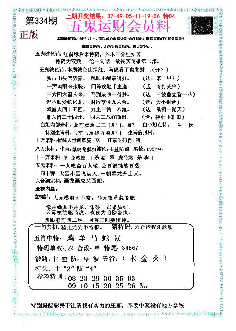 2024334期五鬼运财会员料