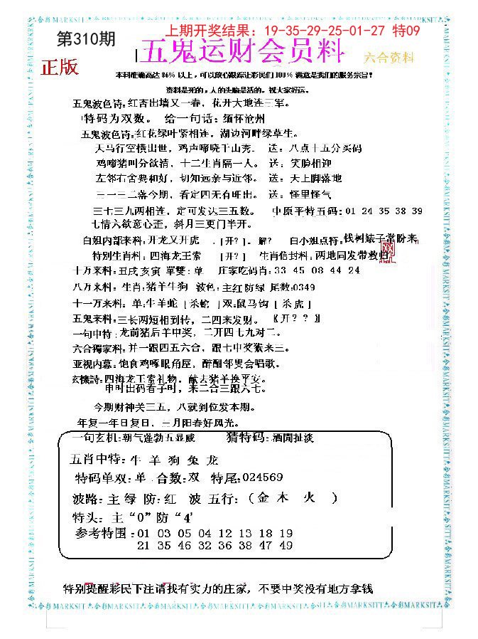 2024310期五鬼运财会员料
