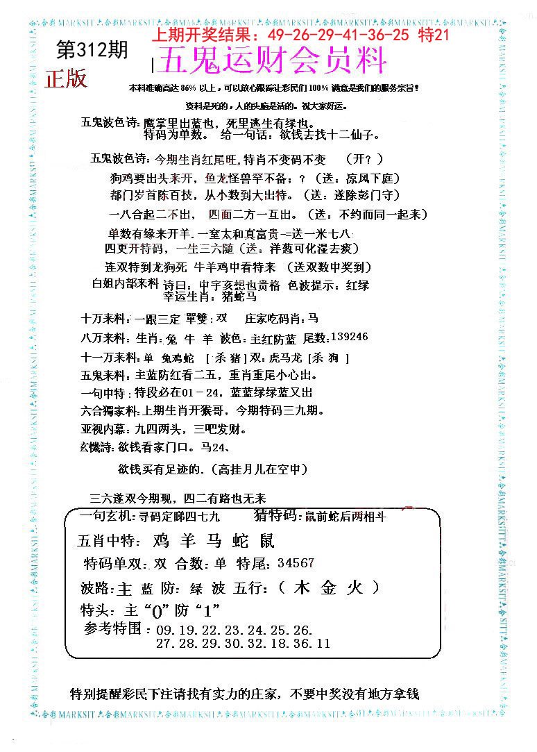 2024312期五鬼运财会员料