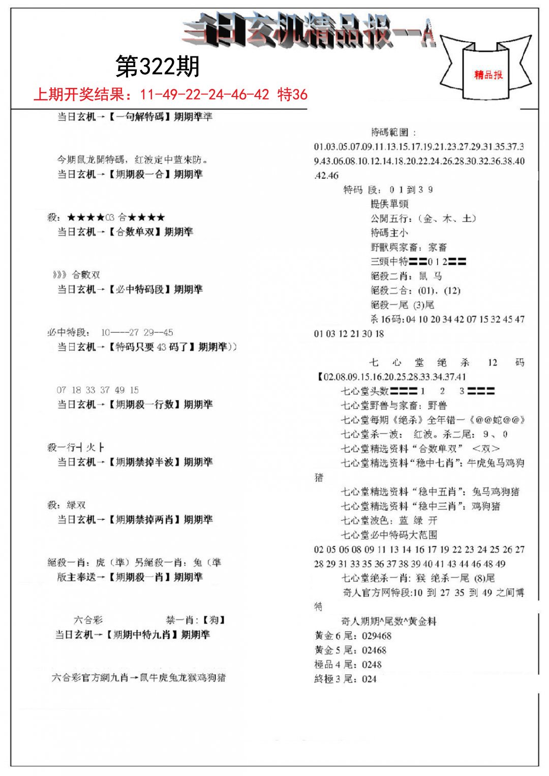 2024322期当日玄机精品报A