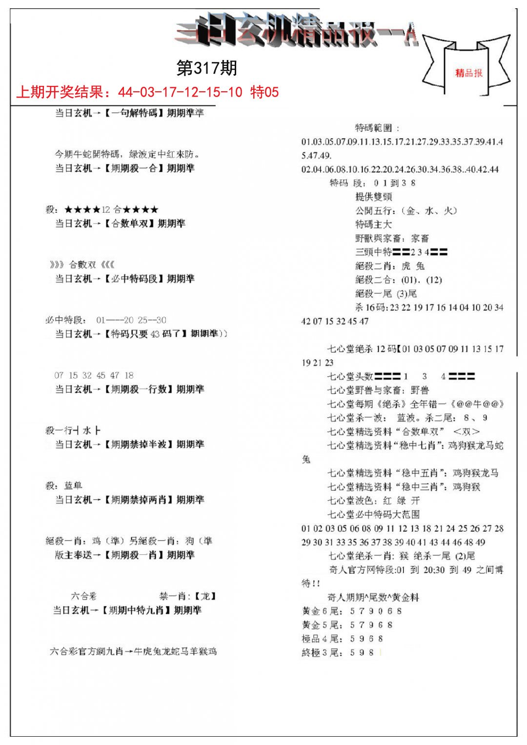 2024317期当日玄机精品报A