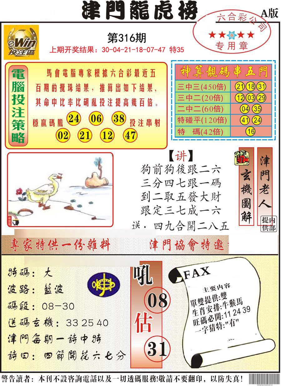 2024316期津门龙虎榜A
