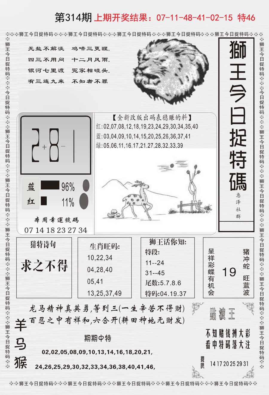 2024314期狮王今日抓特码