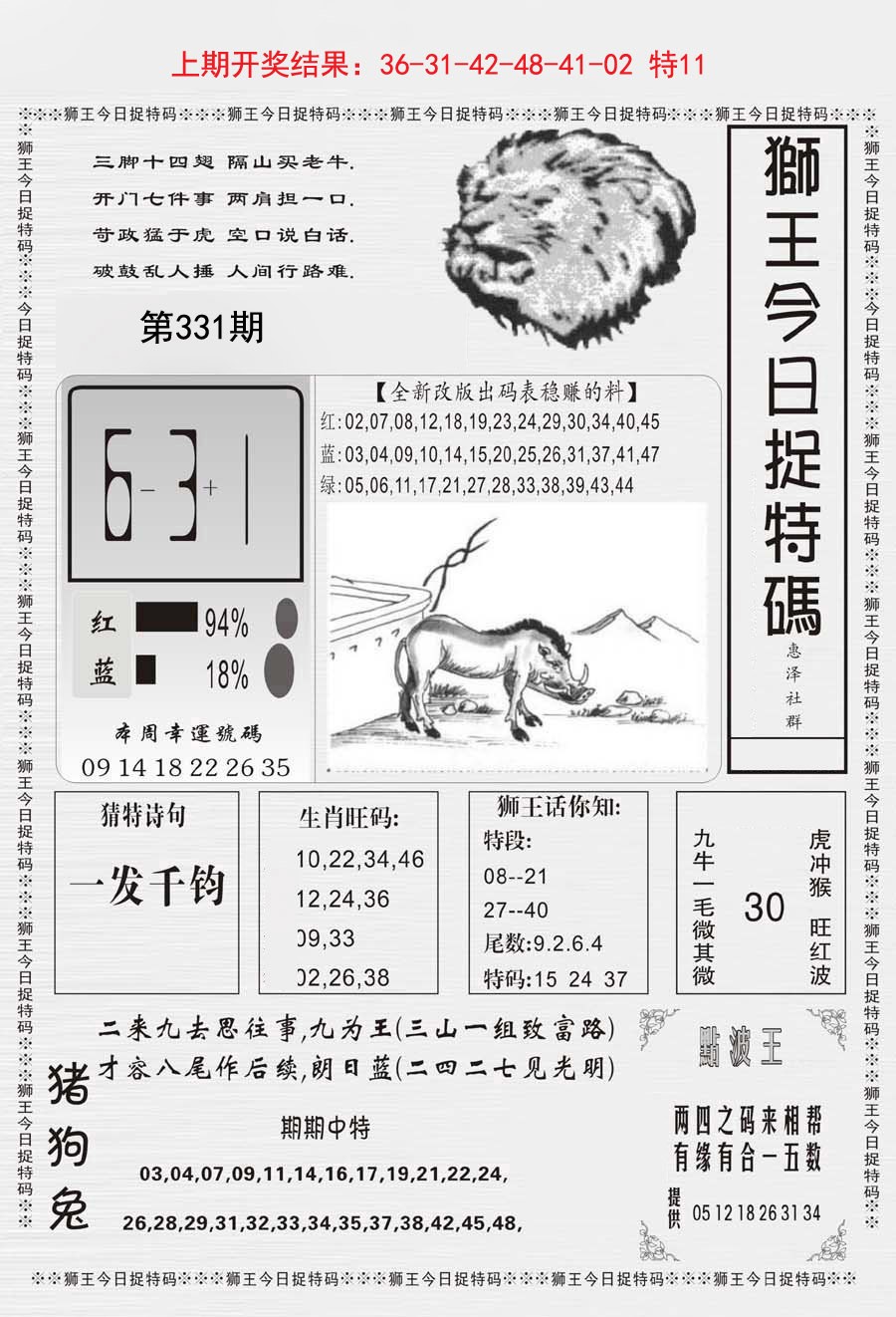 2024331期狮王今日抓特码
