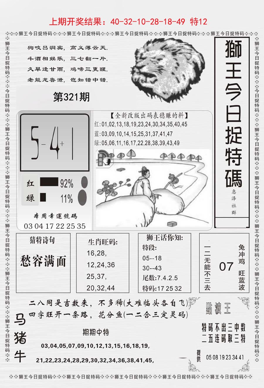 2024321期狮王今日抓特码