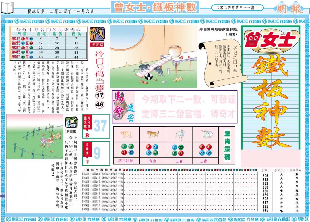 2024310期曾女士铁板神数A