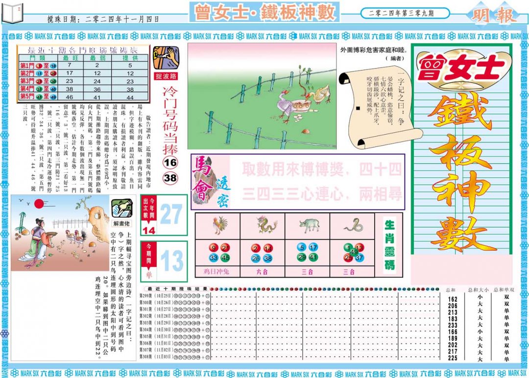 2024309期曾女士铁板神数A