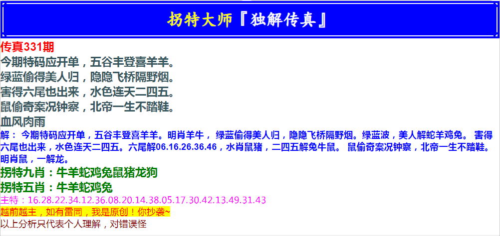2024331期拐特大师澳门传真