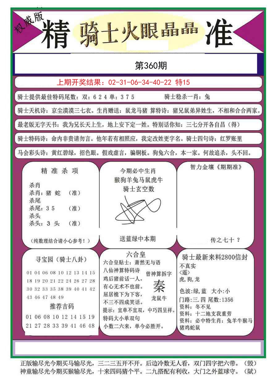 2024360期骑士火眼晶晶a