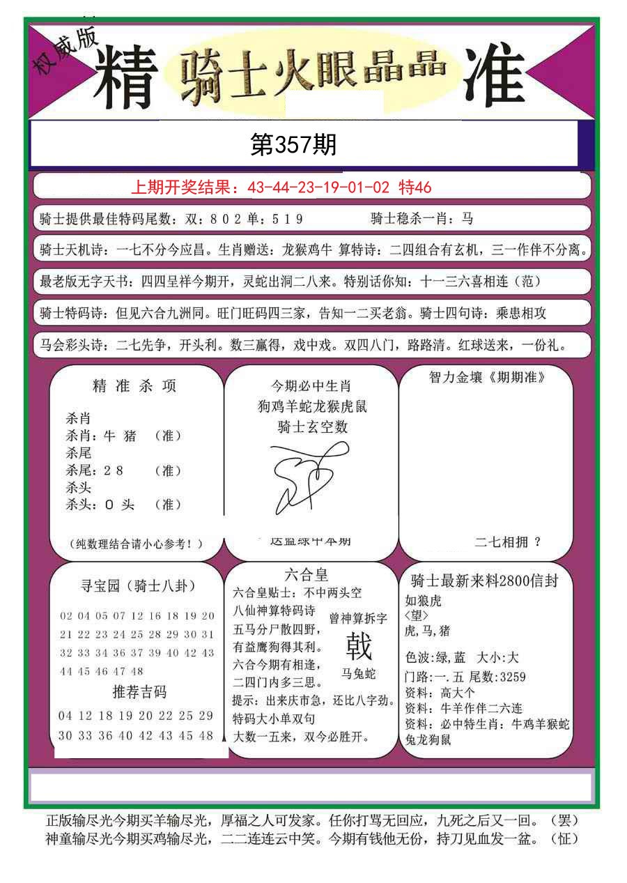 2024357期骑士火眼晶晶a