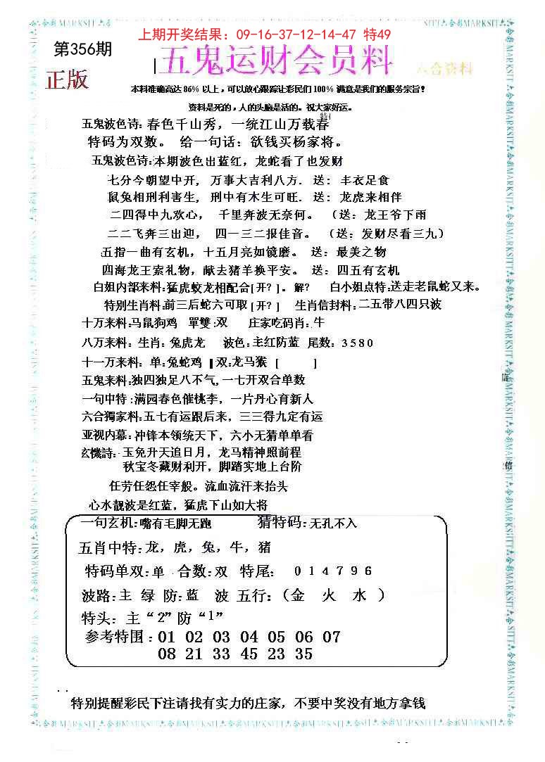 2024356期五鬼运财会员料