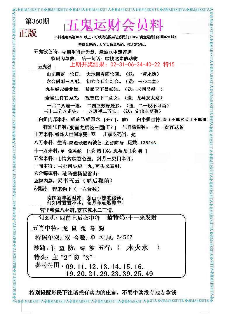 2024360期五鬼运财会员料