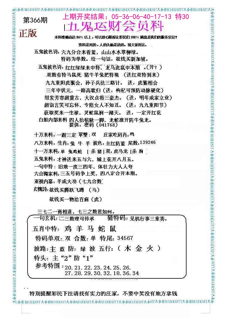 2024366期五鬼运财会员料
