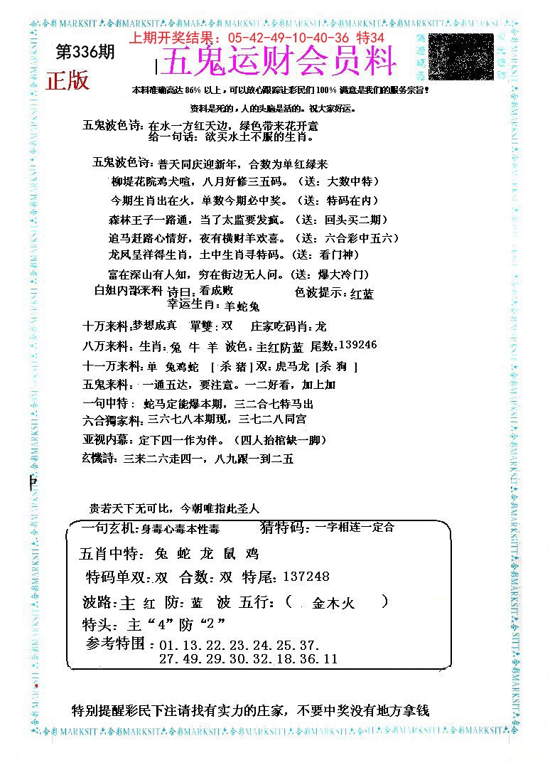 2024336期五鬼运财会员料