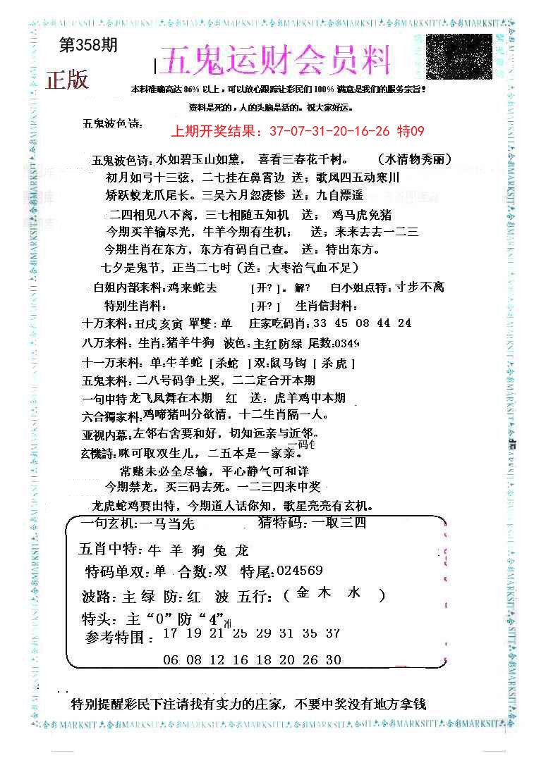 2024358期五鬼运财会员料
